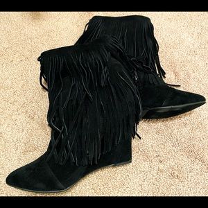 LOVE CULTURE Black Fringe Wedge Booties